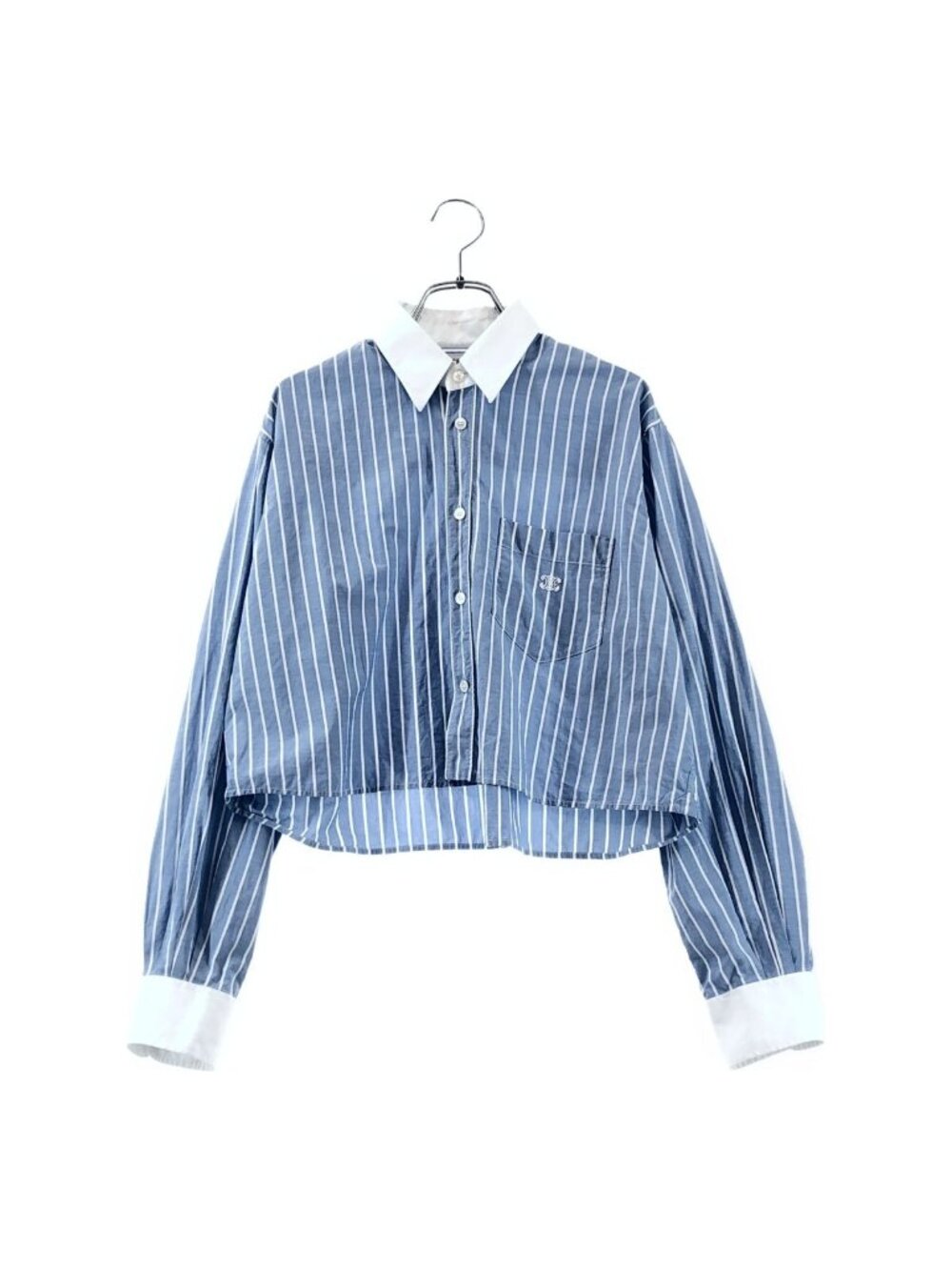 Celine Triomphe Embroidered Striped Cropped Shirt Navy White